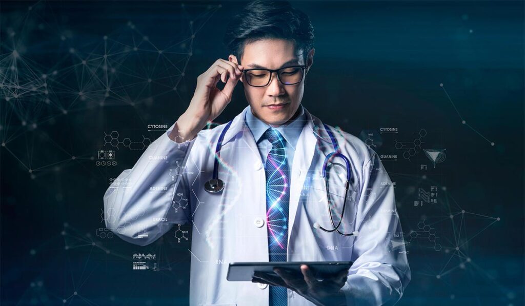 Clinician reviewing structured medical note from hybrid AI