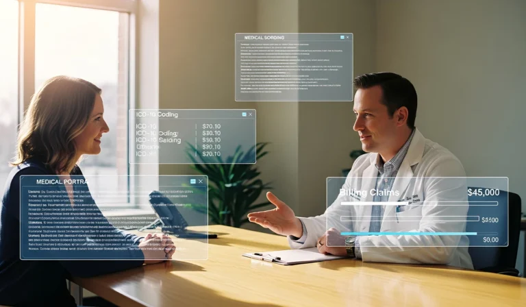 Revenue Cycle Management: How Scribing, Coding, and Billing Work Together Doctor and patient in clinic with revenue cycle data displayed
